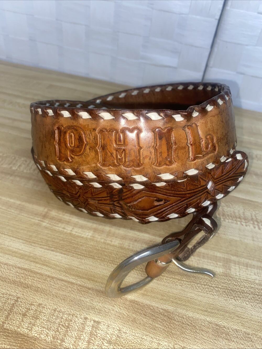 TEXTAN Hand Tooled Leather Laced Rodeo Western Cowboy Belt USA 2226B Sz. 38 PHIL